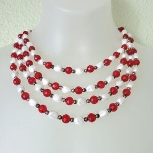 Vintage four strand bead necklace red white retro